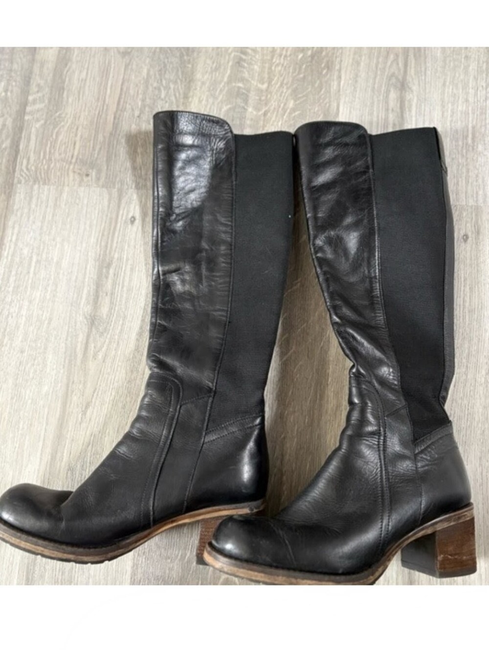 90s Style Leather Knee High Boot With Stacked Wooden Heel Sexy Classics